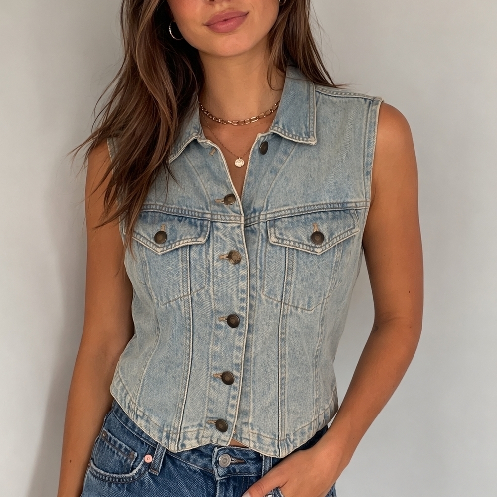 Vtg RUSS STATE OF BLUE 1990s Light Wash Denim Sleeveless Vest
